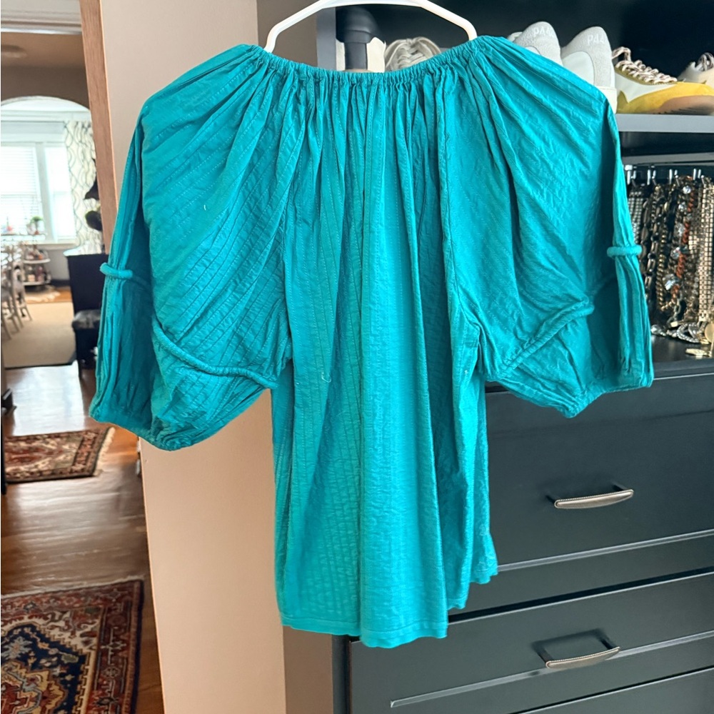 Ulla Johnson Teal Puff-Sleeve V-Neck Blouse - Picture 2 of 4